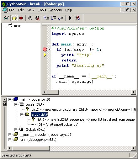 PythonWin debugger screenshot